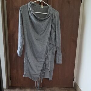 Gray Fringe Knit Asymmetrical Poncho Sweater